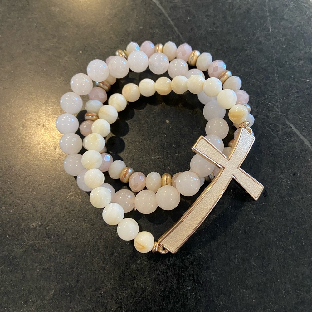 Gold Cross White Beaded Stretch Bracelet Set
